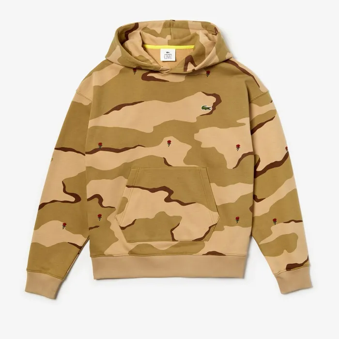 Sweatshirts Lacoste Mens LIVE Hooded Camo Print Fleece Sweatshirt BeigeWhite Store