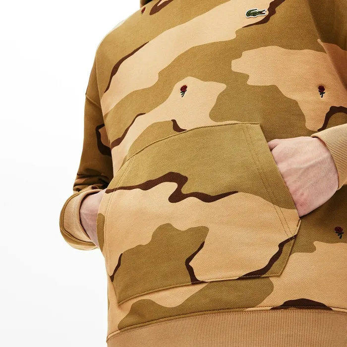 Sweatshirts Lacoste Mens LIVE Hooded Camo Print Fleece Sweatshirt BeigeWhite Store