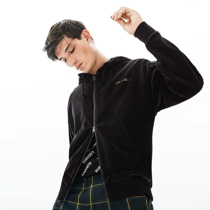 Sweatshirts Lacoste Mens LIVE Signature Hooded Velvet Zip Sweatshirt Black On Sale