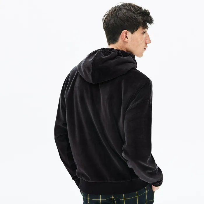 Sweatshirts Lacoste Mens LIVE Signature Hooded Velvet Zip Sweatshirt Black On Sale