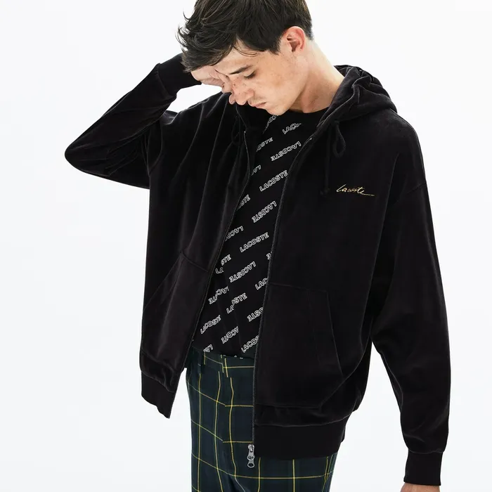 Sweatshirts Lacoste Mens LIVE Signature Hooded Velvet Zip Sweatshirt Black On Sale