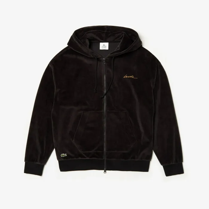 Sweatshirts Lacoste Mens LIVE Signature Hooded Velvet Zip Sweatshirt Black On Sale