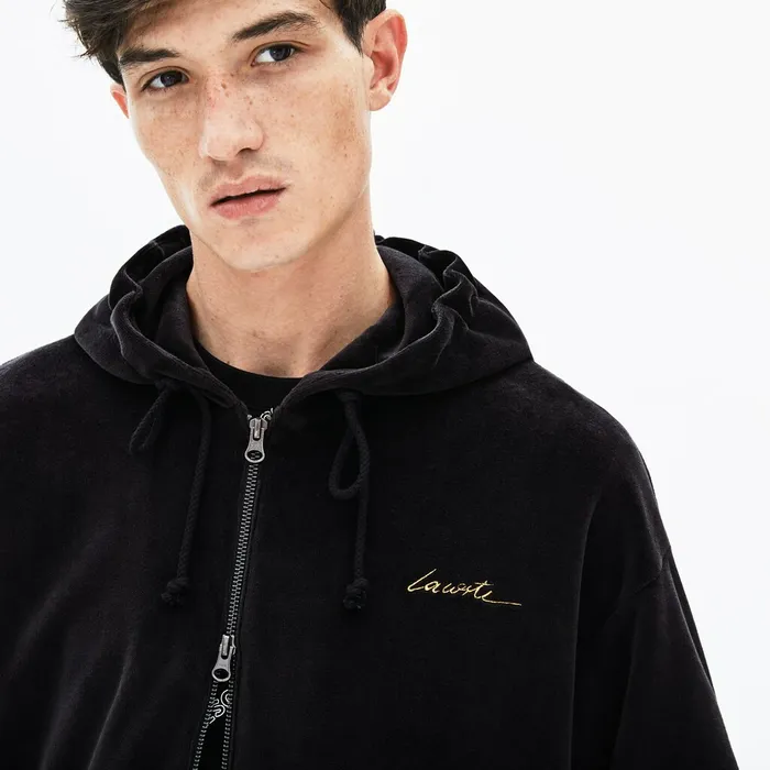 Sweatshirts Lacoste Mens LIVE Signature Hooded Velvet Zip Sweatshirt Black On Sale