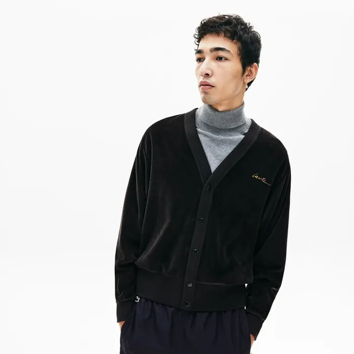 Sweatshirts Lacoste Mens LIVE Signature Velour Cardigan Black Outlet Factory