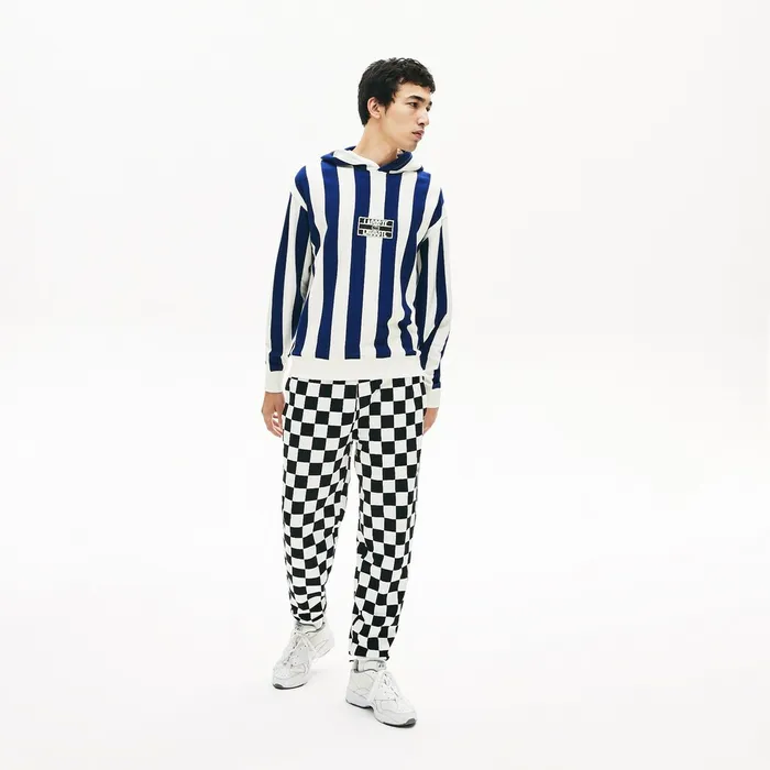 Sweatshirts Lacoste Mens LIVE Striped Fleece Hooded Sweatshirt WhiteNavy Blue Near Me