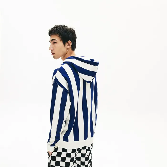 Sweatshirts Lacoste Mens LIVE Striped Fleece Hooded Sweatshirt WhiteNavy Blue Near Me