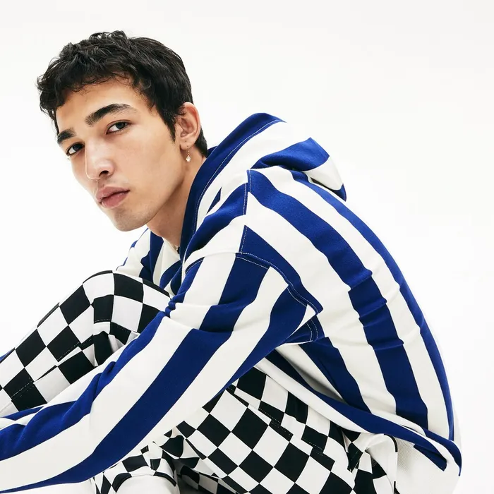 Sweatshirts Lacoste Mens LIVE Striped Fleece Hooded Sweatshirt WhiteNavy Blue Near Me
