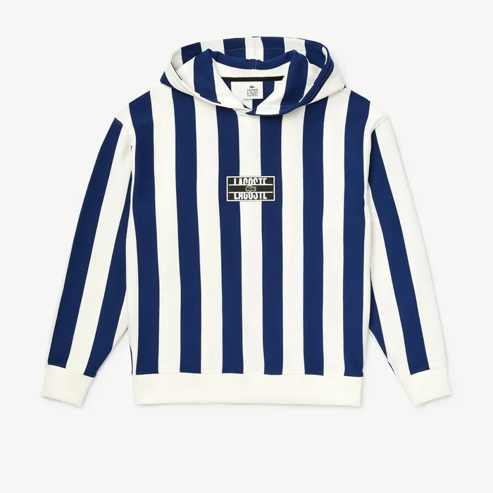 Sweatshirts Lacoste Mens LIVE Striped Fleece Hooded Sweatshirt WhiteNavy Blue Near Me