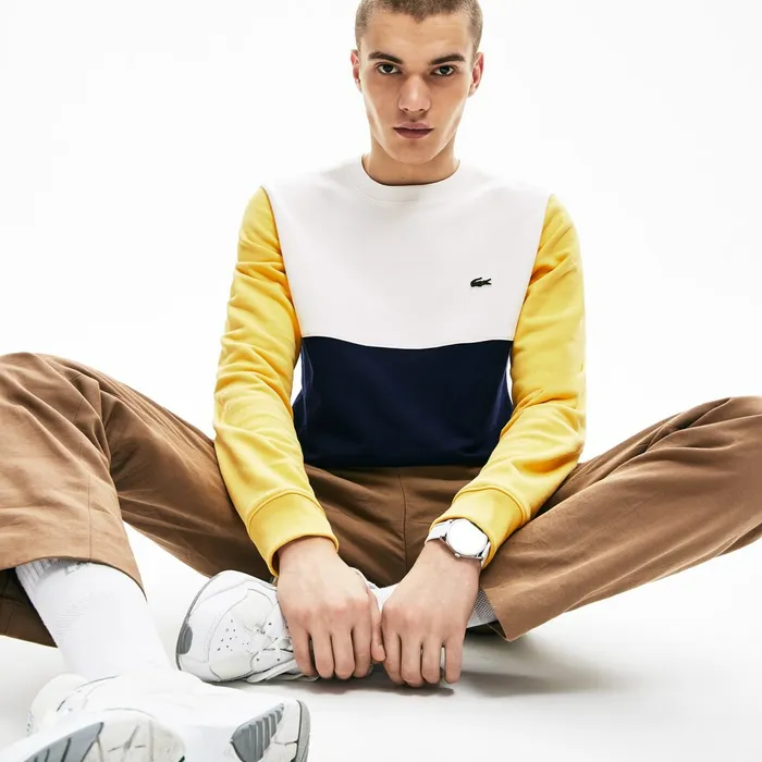 Sweatshirts Lacoste Mens Regular Fit Colorblock French Terry Sweatshirt Navy BlueWhiteYellow Gift Ideas