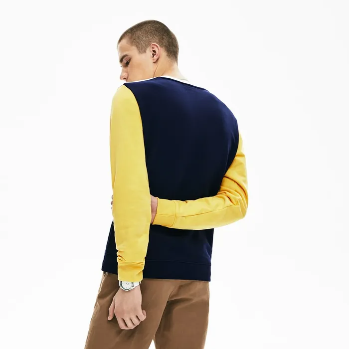Sweatshirts Lacoste Mens Regular Fit Colorblock French Terry Sweatshirt Navy BlueWhiteYellow Gift Ideas