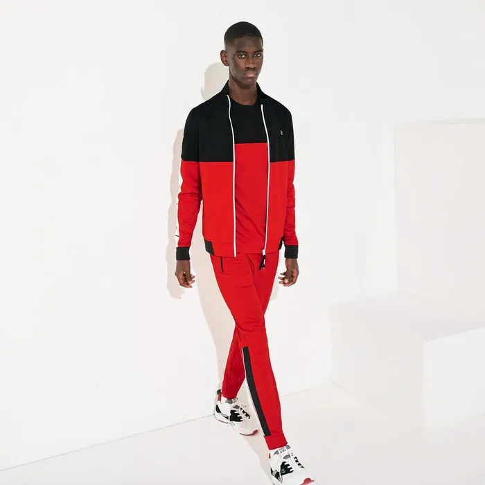 Sweatshirts Lacoste Mens SPORT Colorblock Resistant Piqu Zip Sweatshirt BlackRedWhite Casaul