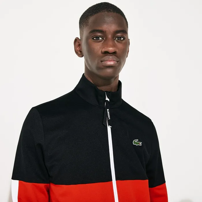 Sweatshirts Lacoste Mens SPORT Colorblock Resistant Piqu Zip Sweatshirt BlackRedWhite Casaul