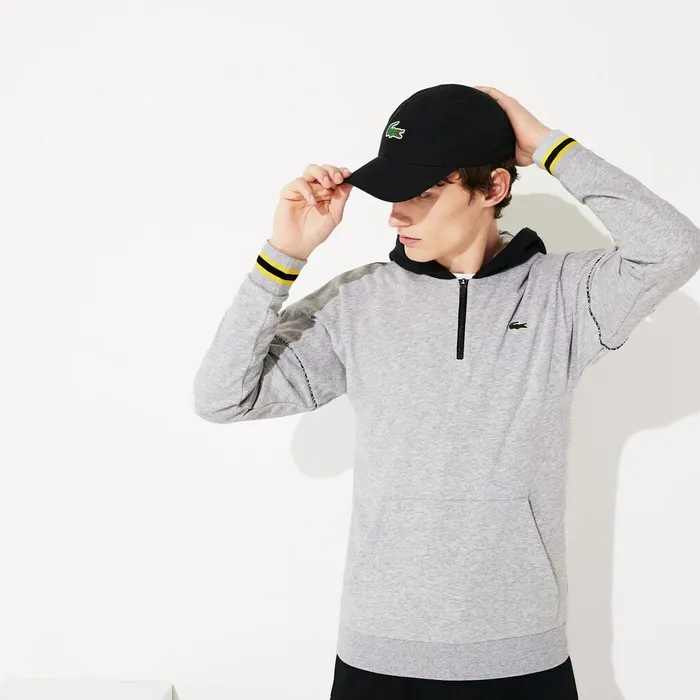 Sweatshirts Lacoste Mens SPORT ContrastHood Fleece Sweatshirt Grey ChineBlackYellowWhite Shop Online