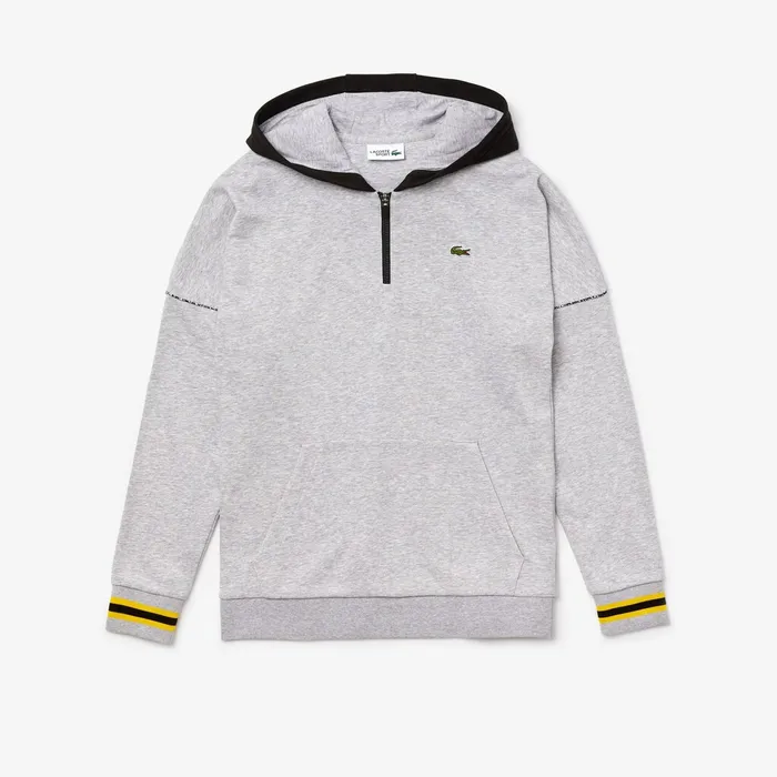 Sweatshirts Lacoste Mens SPORT ContrastHood Fleece Sweatshirt Grey ChineBlackYellowWhite Shop Online