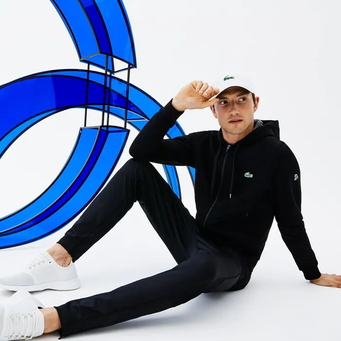 Sweatshirts Lacoste Mens SPORT Novak Djokovic Technical Fleece Hooded Zip Sweatshirt BlackGrey ChineWhite Outlet