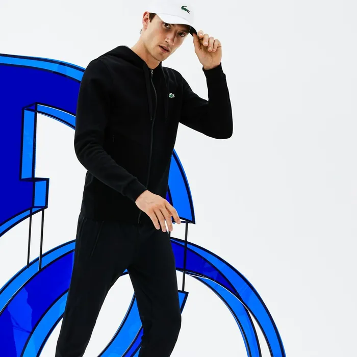 Sweatshirts Lacoste Mens SPORT Novak Djokovic Technical Fleece Hooded Zip Sweatshirt BlackGrey ChineWhite Outlet