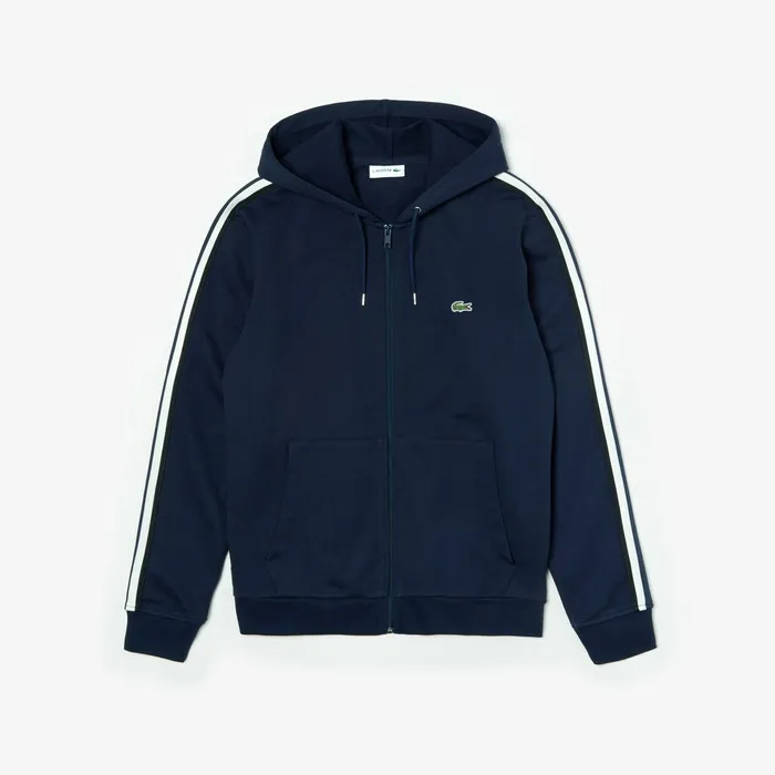 Sweatshirts Lacoste Mens StripedSleeve Hooded Zip Fleece Sweatshirt Navy Blue Online Store