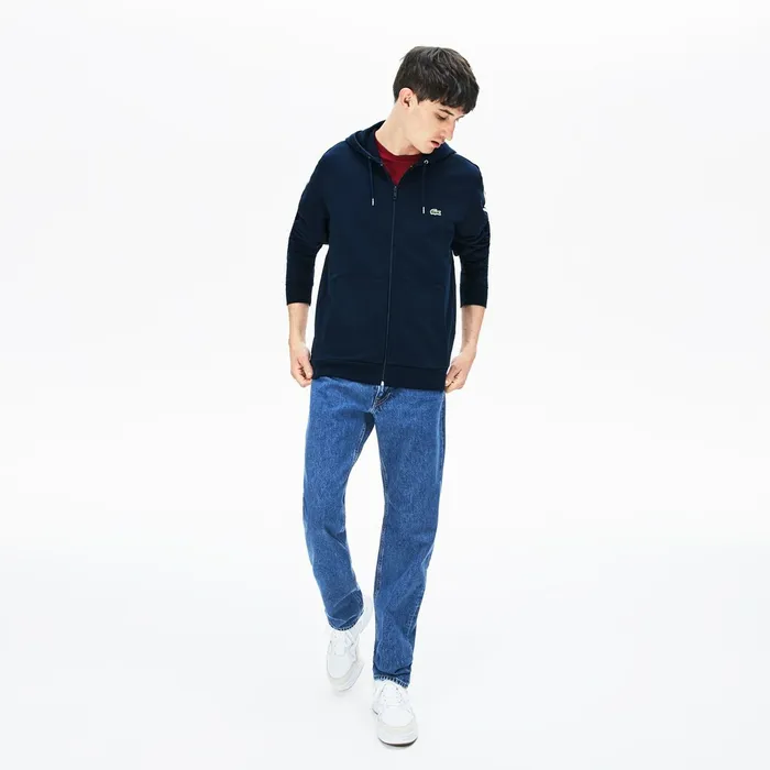 Sweatshirts Lacoste Mens StripedSleeve Hooded Zip Fleece Sweatshirt Navy Blue Online Store