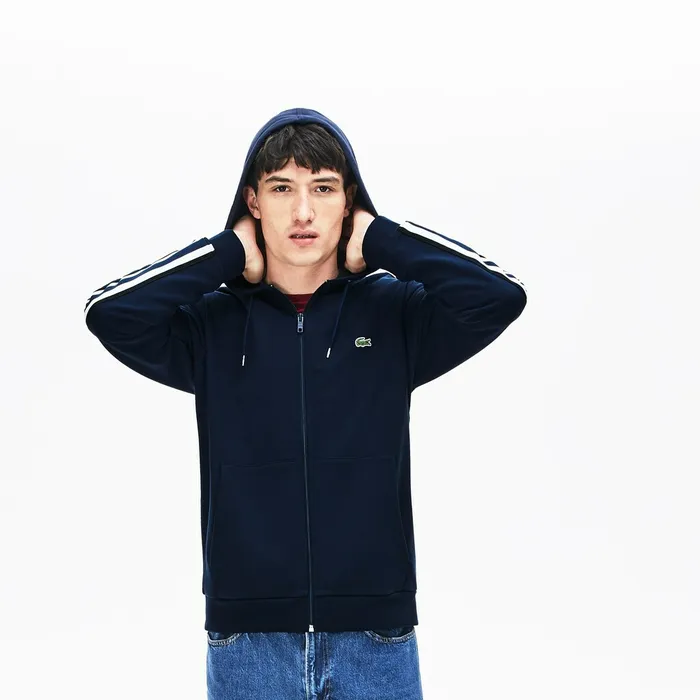 Sweatshirts Lacoste Mens StripedSleeve Hooded Zip Fleece Sweatshirt Navy Blue Online Store