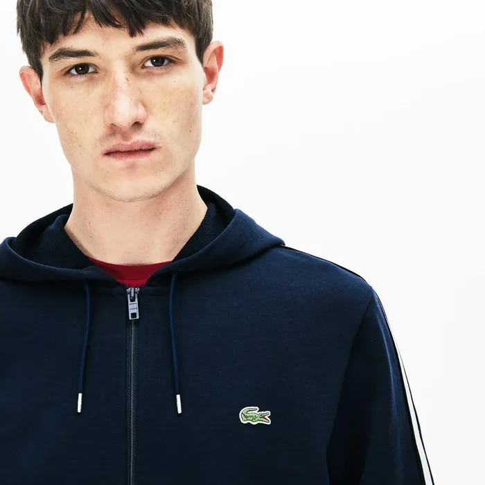 Sweatshirts Lacoste Mens StripedSleeve Hooded Zip Fleece Sweatshirt Navy Blue Online Store