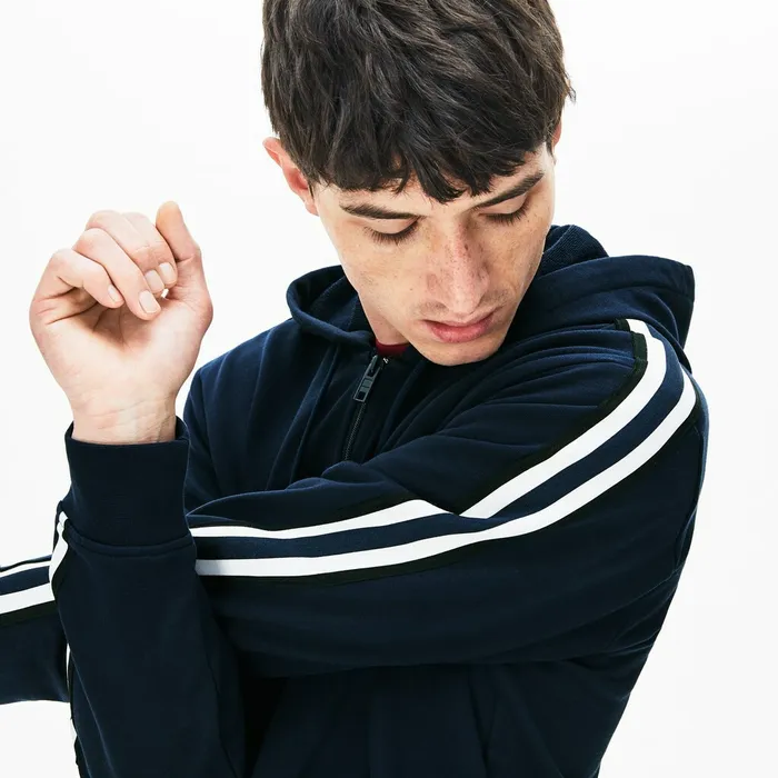 Sweatshirts Lacoste Mens StripedSleeve Hooded Zip Fleece Sweatshirt Navy Blue Online Store