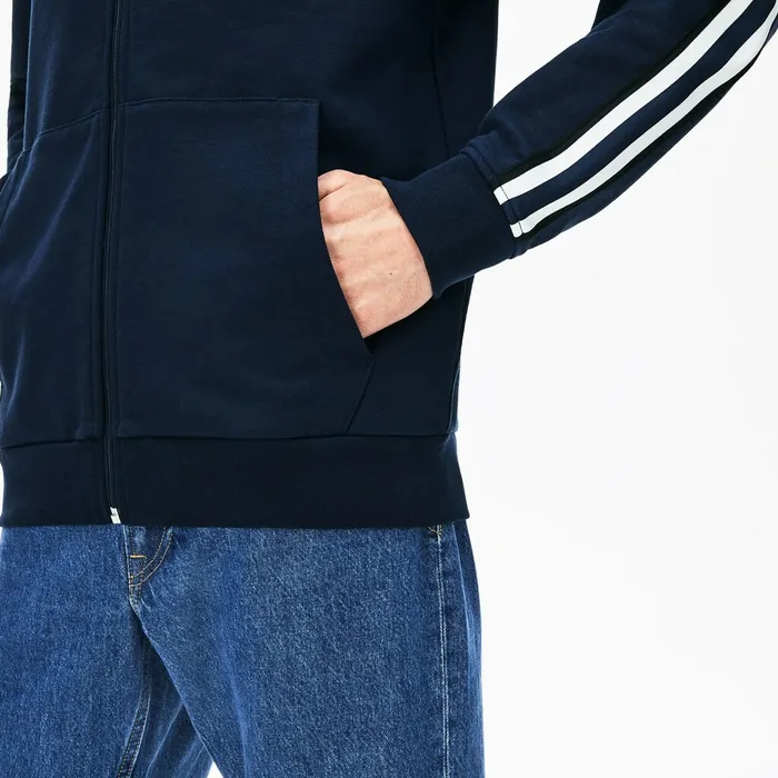 Sweatshirts Lacoste Mens StripedSleeve Hooded Zip Fleece Sweatshirt Navy Blue Online Store
