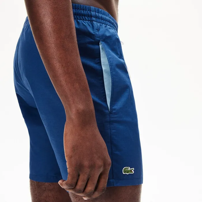 Swimwear Lacoste Mens Lightweight Cotton Swim Trunks With Pockets Navy BlueLight Blue Popular