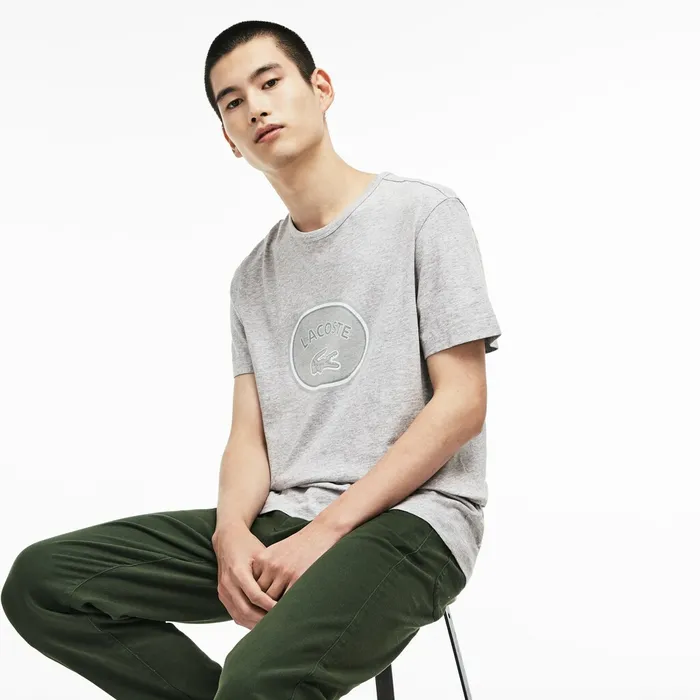TShirts Lacoste Mens Crew Neck Oversized Badge Cotton Jersey TShirt Grey Outlet Factory