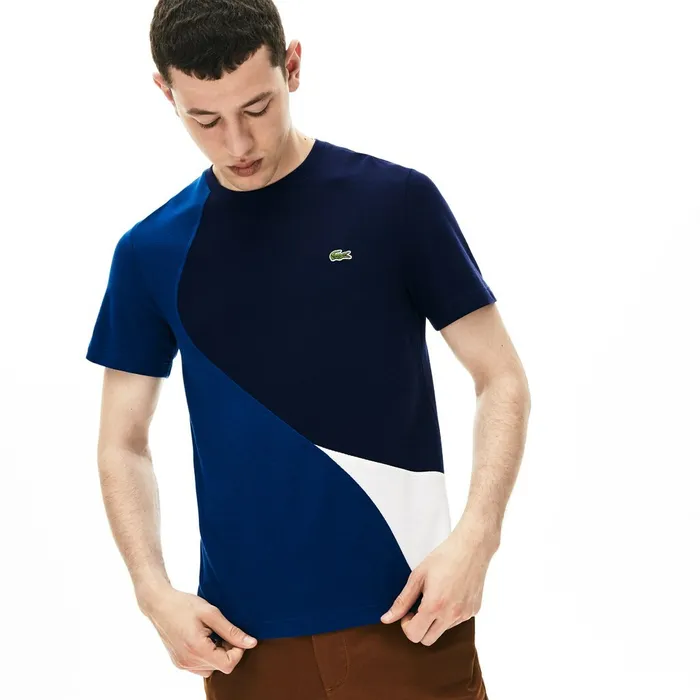 TShirts Lacoste Mens Crewneck ColorBlocked Thermoregulating Piqu TShirt BlueWhiteNavy Blue For Sale