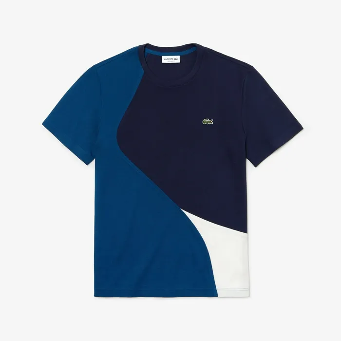 TShirts Lacoste Mens Crewneck ColorBlocked Thermoregulating Piqu TShirt BlueWhiteNavy Blue For Sale