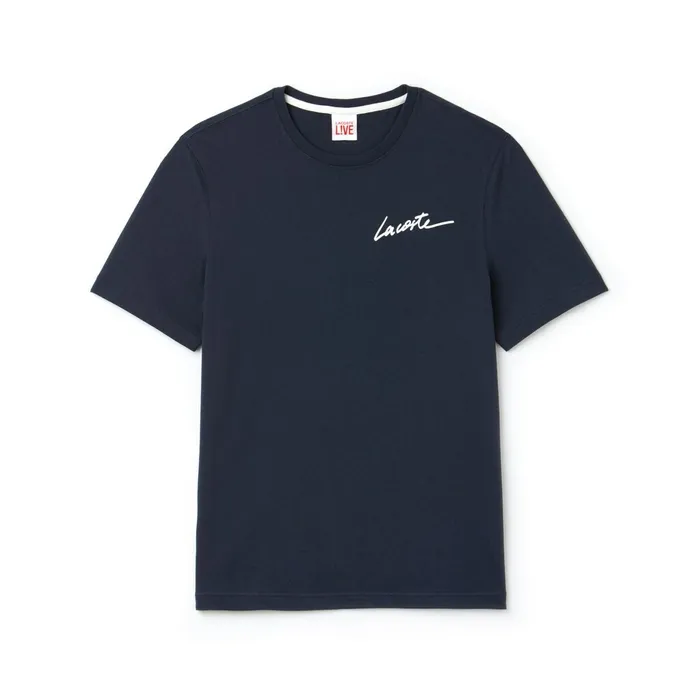TShirts Lacoste Mens LIVE Crew Neck Signature Jersey Tshirt BlueWhite Near Me