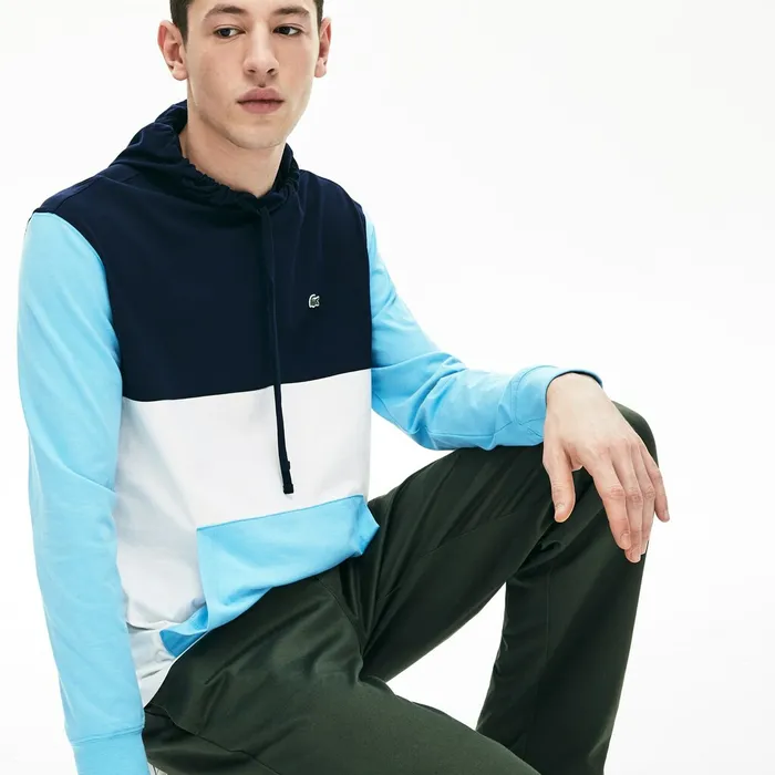 TShirts Lacoste Mens Relaxed Fit Colorblock Hooded Tshirt WhiteNavy BlueLight Blue Shop Online