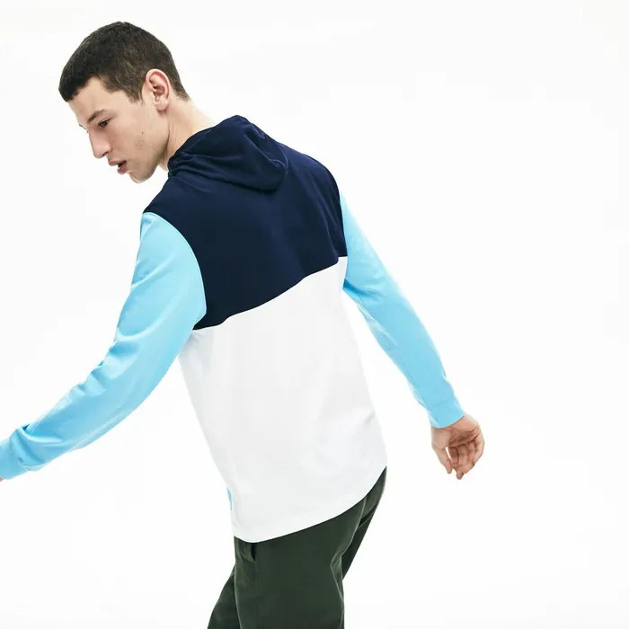TShirts Lacoste Mens Relaxed Fit Colorblock Hooded Tshirt WhiteNavy BlueLight Blue Shop Online