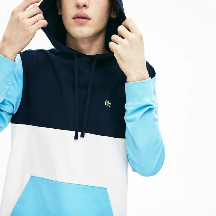 TShirts Lacoste Mens Relaxed Fit Colorblock Hooded Tshirt WhiteNavy BlueLight Blue Shop Online
