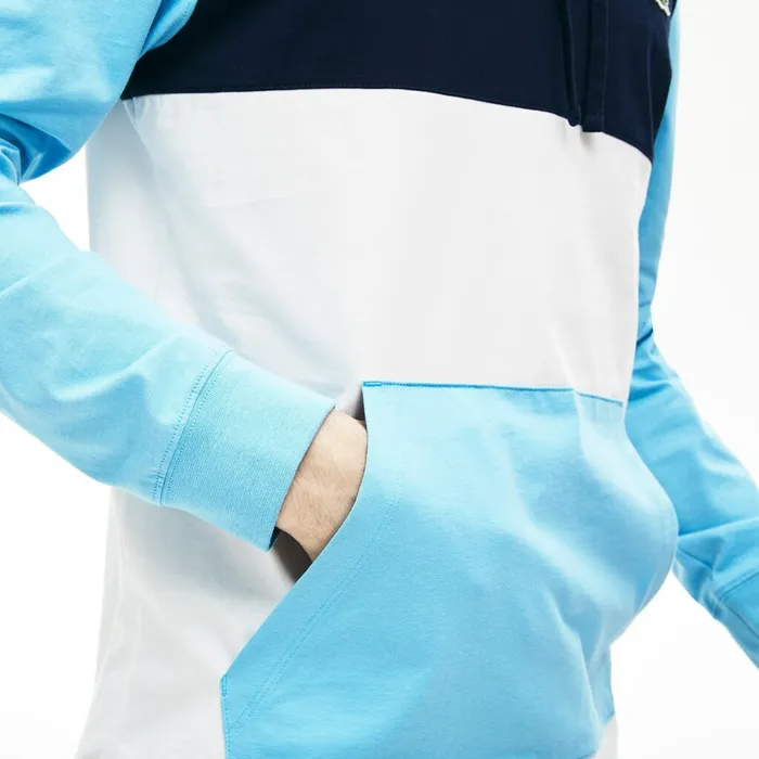 TShirts Lacoste Mens Relaxed Fit Colorblock Hooded Tshirt WhiteNavy BlueLight Blue Shop Online