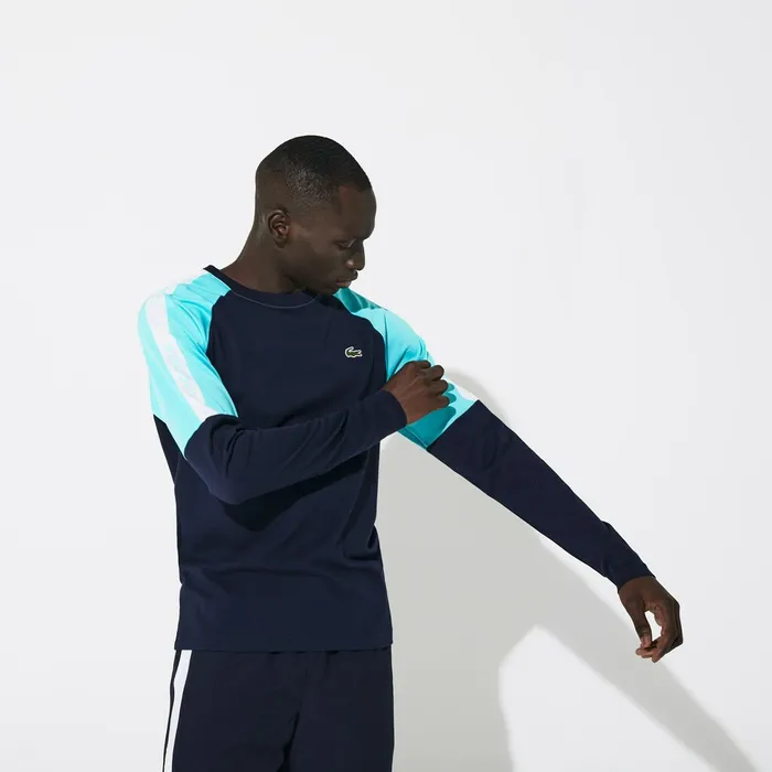 TShirts Lacoste Mens SPORT Colorblock Performance Tshirt Navy BlueTurquoiseWhite Gift for Friend