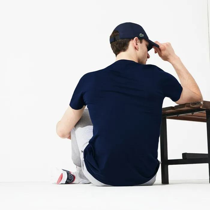 TShirts Lacoste Mens SPORT Crew Neck Tech Jersey Tshirt Navy BlueWhiteBlue On Sale