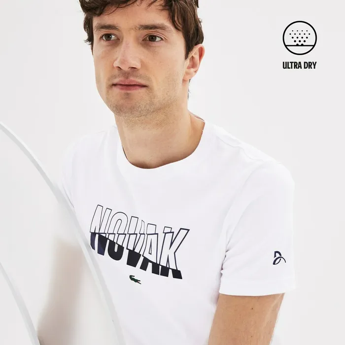 TShirts Lacoste Mens SPORT Novak Djokovic Crew Neck Print Tech Jersey Tshirt WhiteNavy Blue Casaul