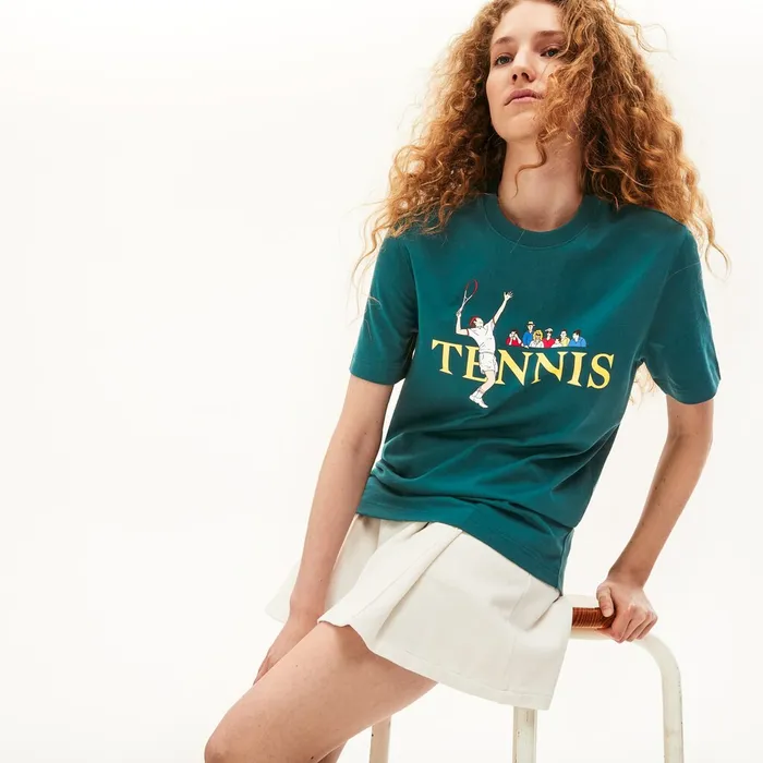 TShirts Lacoste Mens Unisex LIVE TennisPrint Cotton TShirt GreenWhite Gift Ideas