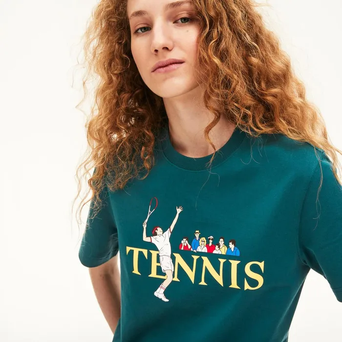 TShirts Lacoste Mens Unisex LIVE TennisPrint Cotton TShirt GreenWhite Gift Ideas