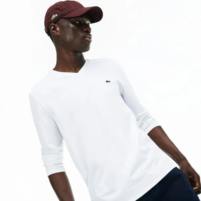TShirts Lacoste Mens Vneck Pima Cotton Jersey Tshirt White USA