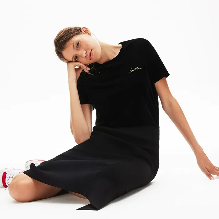 TShirts Lacoste Womens LIVE Crewneck Golden Signature Velvet TShirt Black On Sale TShirts Lacoste Womens LIVE Crewneck Golden Signature Velvet TShirt Black On Sale