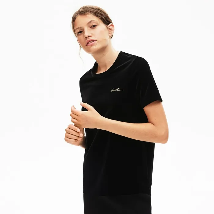 TShirts Lacoste Womens LIVE Crewneck Golden Signature Velvet TShirt Black On Sale