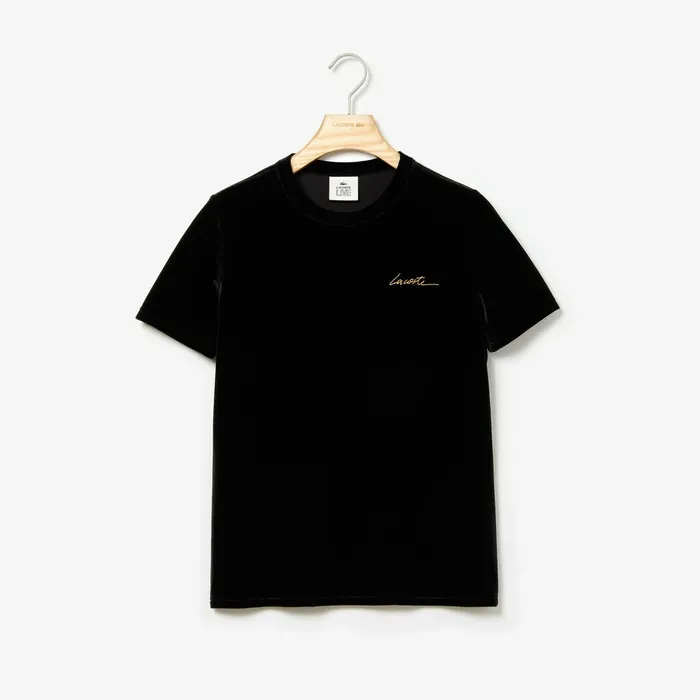 TShirts Lacoste Womens LIVE Crewneck Golden Signature Velvet TShirt Black On Sale