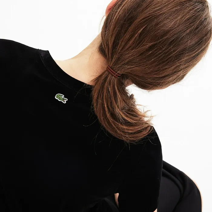 TShirts Lacoste Womens LIVE Crewneck Golden Signature Velvet TShirt Black On Sale