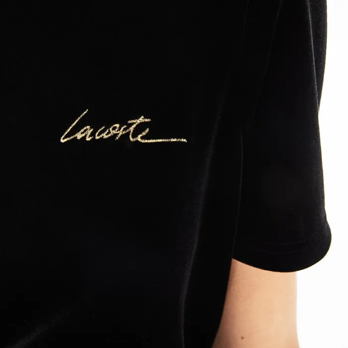 TShirts Lacoste Womens LIVE Crewneck Golden Signature Velvet TShirt Black On Sale