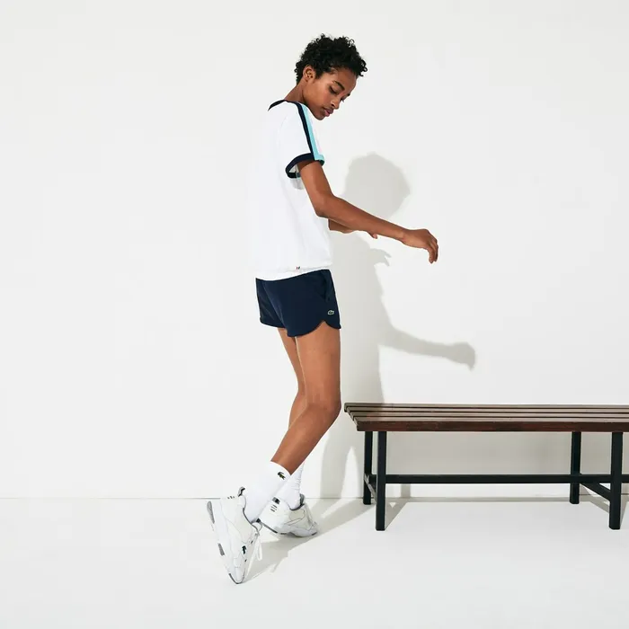 TShirts Lacoste Womens SPORT Roland Garros Stretch Cotton TShirt WhiteTurquoiseNavy Blue Gift 4 You