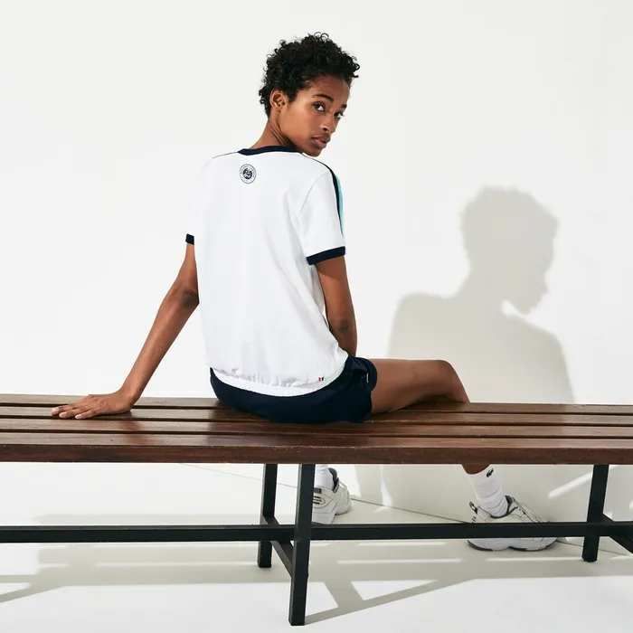 TShirts Lacoste Womens SPORT Roland Garros Stretch Cotton TShirt WhiteTurquoiseNavy Blue Gift 4 You