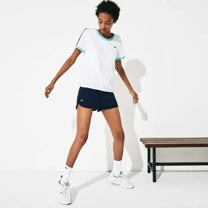 TShirts Lacoste Womens SPORT Roland Garros Stretch Cotton TShirt WhiteTurquoiseNavy Blue Gift 4 You