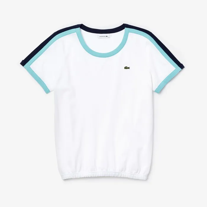 TShirts Lacoste Womens SPORT Roland Garros Stretch Cotton TShirt WhiteTurquoiseNavy Blue Gift 4 You